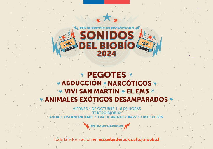 Afiche del evento "Sonidos del Biobío: Pegotes, Abduccion, Narcóticos, Vivi San Martín, El Em3, Animales exóticos desamparados."